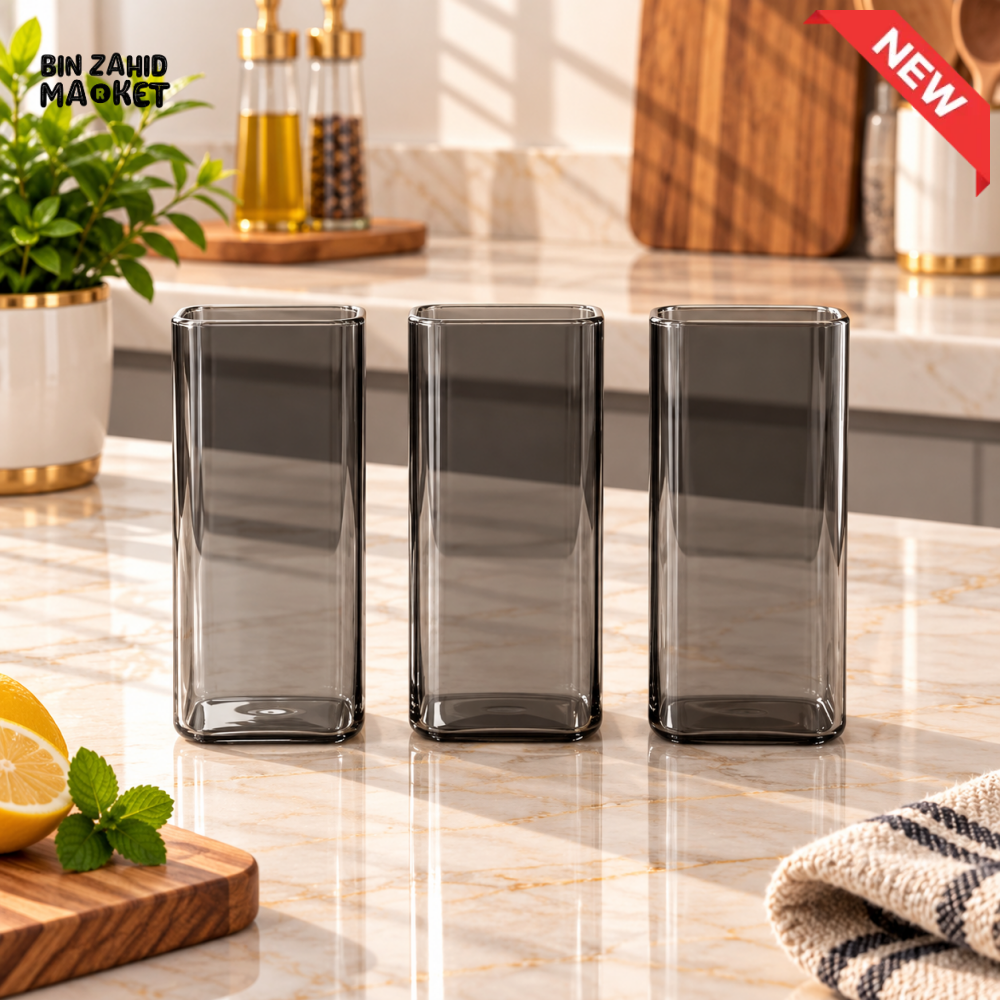 3-PIECE SMOKE GREY RECTANGULAR DRINKING GLASS SET - Glasses