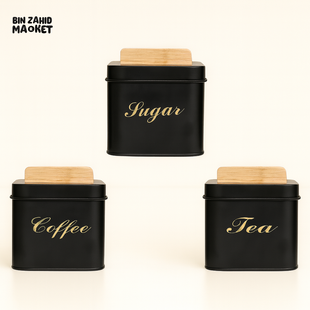 3-Piece Square Metal Sugar Canister Set with Bamboo Lids - Black