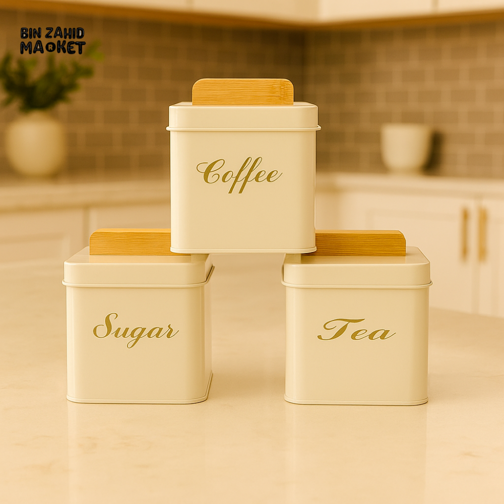 3-Piece Square Metal Sugar Canister Set with Bamboo Lids - White