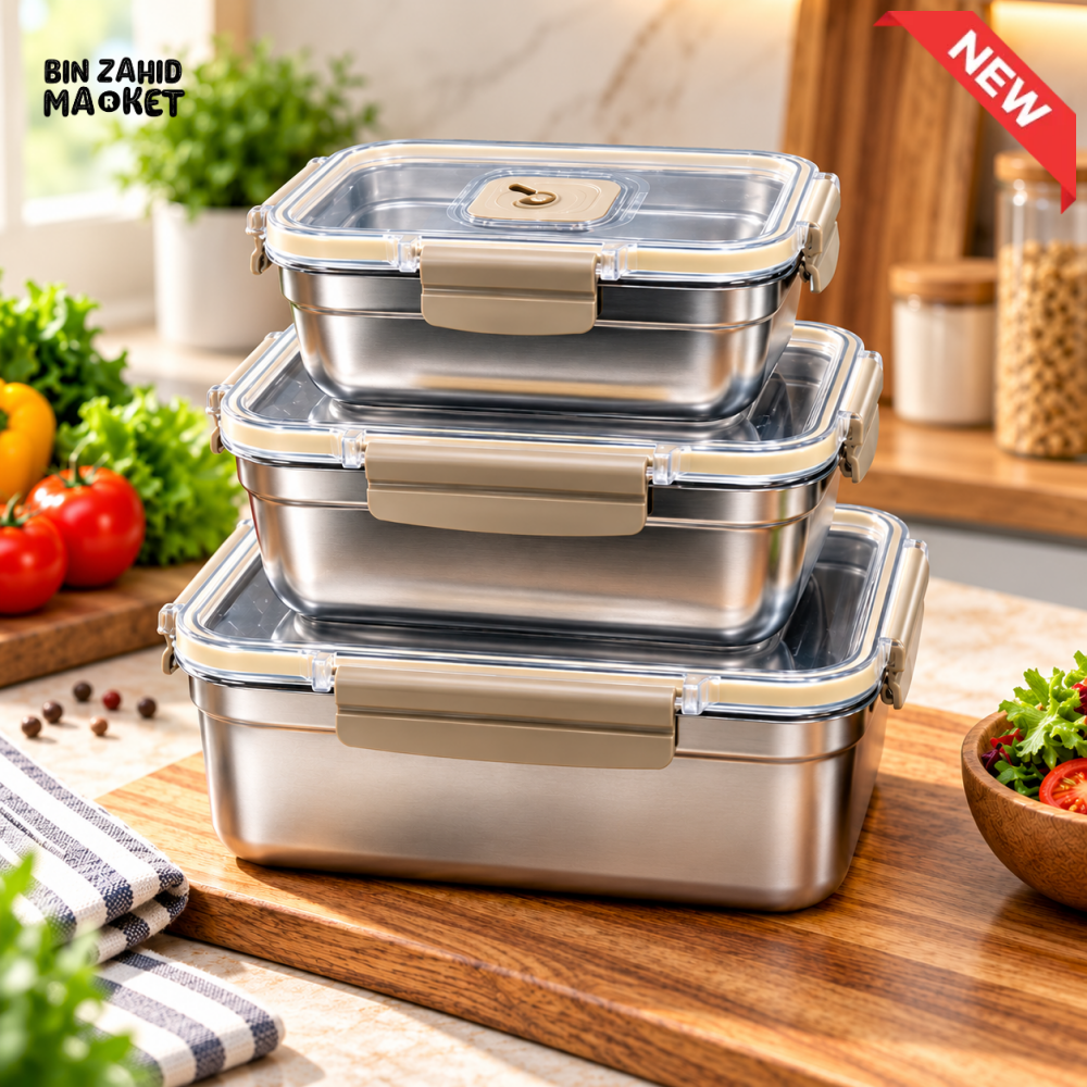 3-PIECE STAINLESS STEEL RECTANGULAR FOOD STORAGE CONTAINER SET WITH AIRTIGHT LIDS