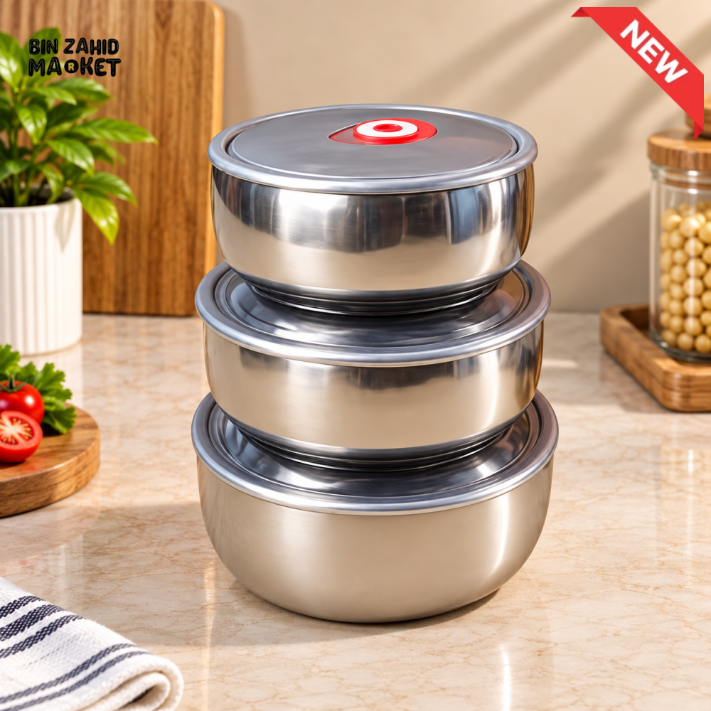 3-PIECE STAINLESS STEEL ROUND FOOD STORAGE BOWL SET WITH LIDS