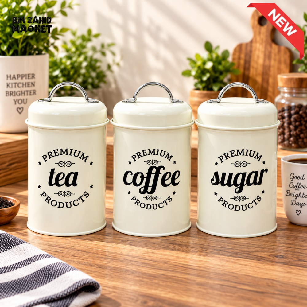 3-PIECE TEA COFFEE & SUGAR STORAGE CANISTER SET WITH HANDLE LIDS