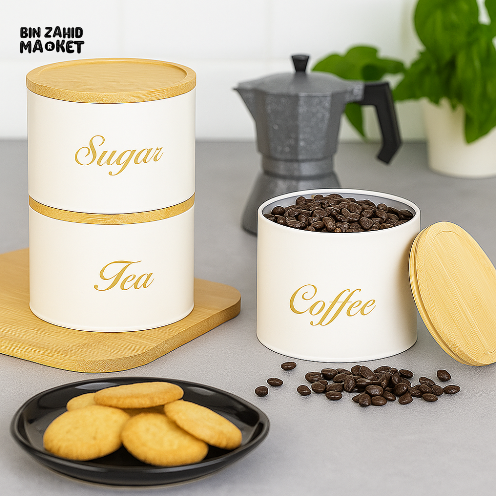 3 PIECES METAL KITCHEN STORAGE JARS SET – TEA COFFEE & SUGAR CANISTERS WITH BAMBOO LIDS LUXURY COUNTERTOP ORGANIZER