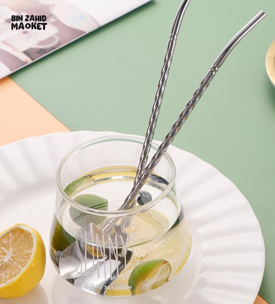 3 PIECES SET REUSABLE STEEL SPOON STRAW