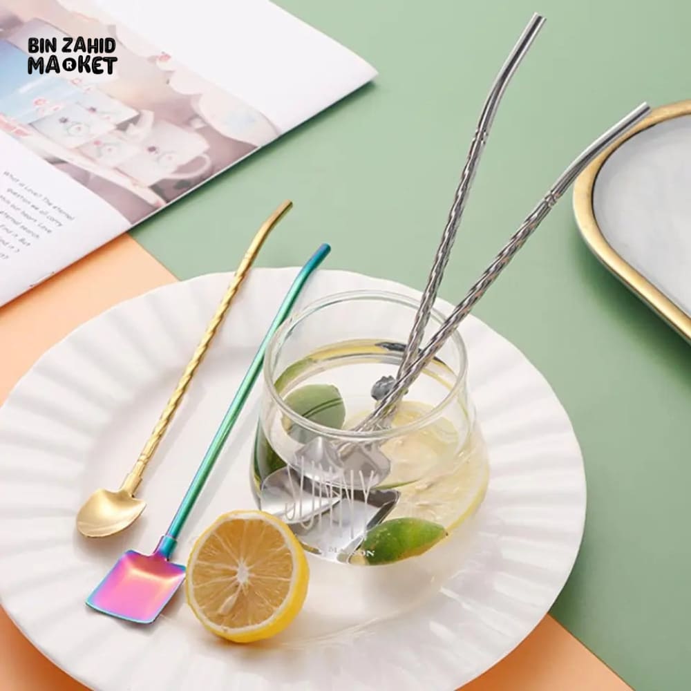 3 PIECES SET REUSABLE STEEL SPOON STRAW