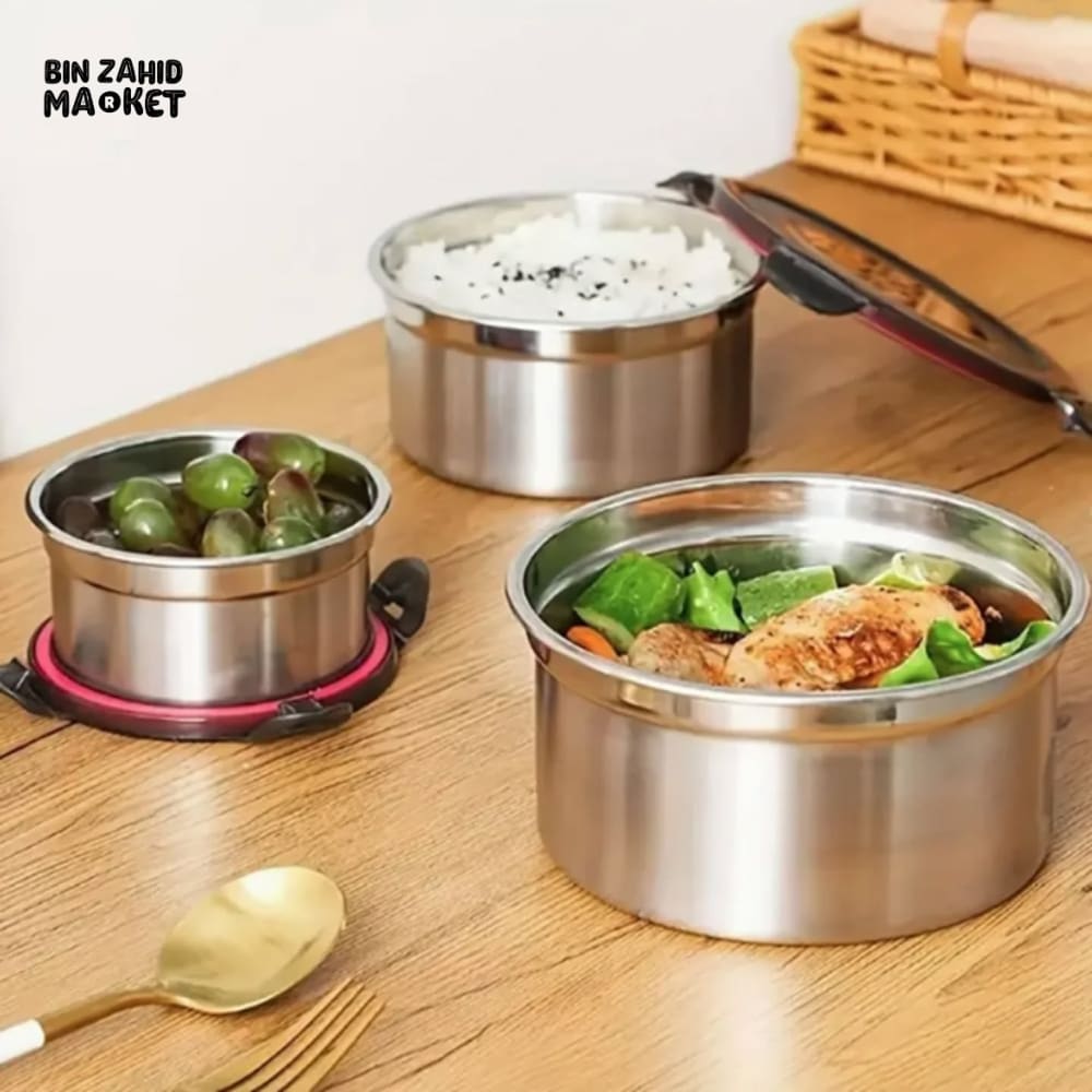 3 PIECES STAINLESS STEEL LUNCH & STORAGE BOXES – 304 GRADE AIRTIGHT & MULTI-PURPOSE