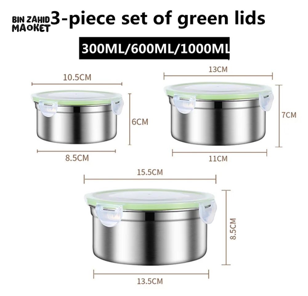 3 PIECES STAINLESS STEEL LUNCH & STORAGE BOXES – 304 GRADE AIRTIGHT & MULTI-PURPOSE