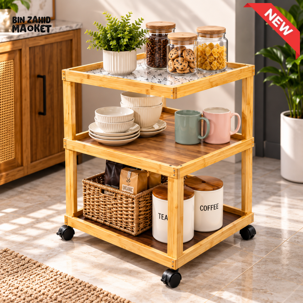 3-TIER BAMBOO MULTIPURPOSE STORAGE TROLLEY WITH WHEELS