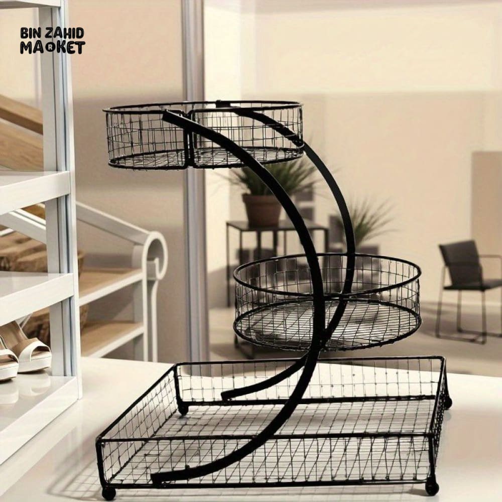 3-TIER BLACK METAL FRUIT & VEGETABLE BASKET STAND – COUNTERTOP ORGANIZER DISPLAY RACK
