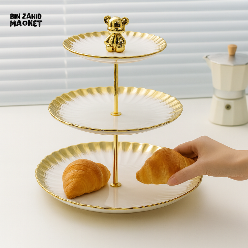 3-TIER CAKE STAND – GOLD RIM SERVING PLATTER FOR SNACKS & PASTRIES