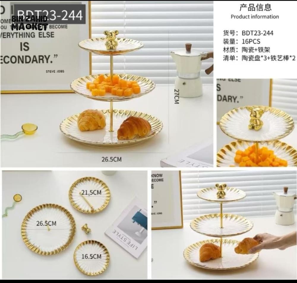 3-TIER CAKE STAND – GOLD RIM SERVING PLATTER FOR SNACKS & PASTRIES
