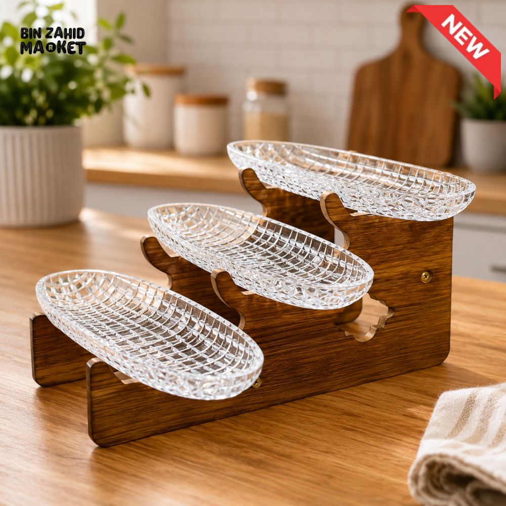 3-TIER CRYSTAL SERVING TRAY WITH WOODEN STAND