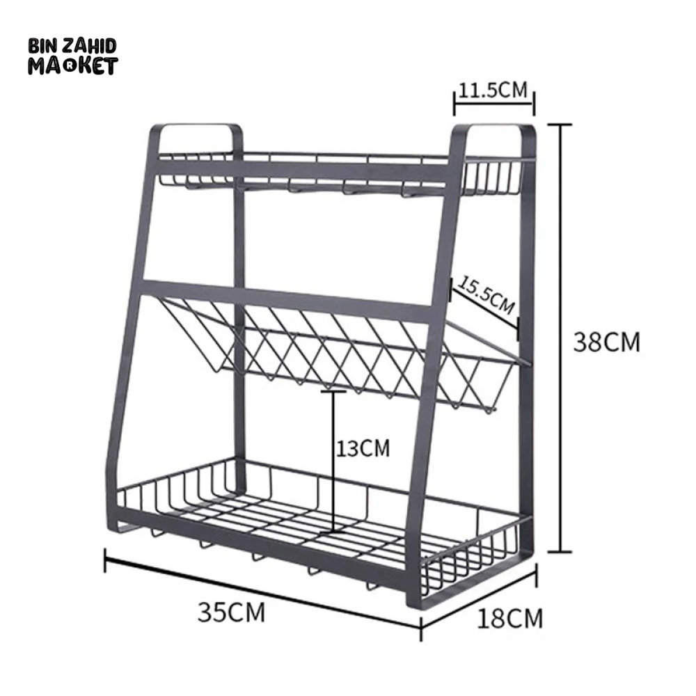 3 TIER SPICE RACK KITCHEN STORAGE SHELF METAL WITH GUARDRAIL