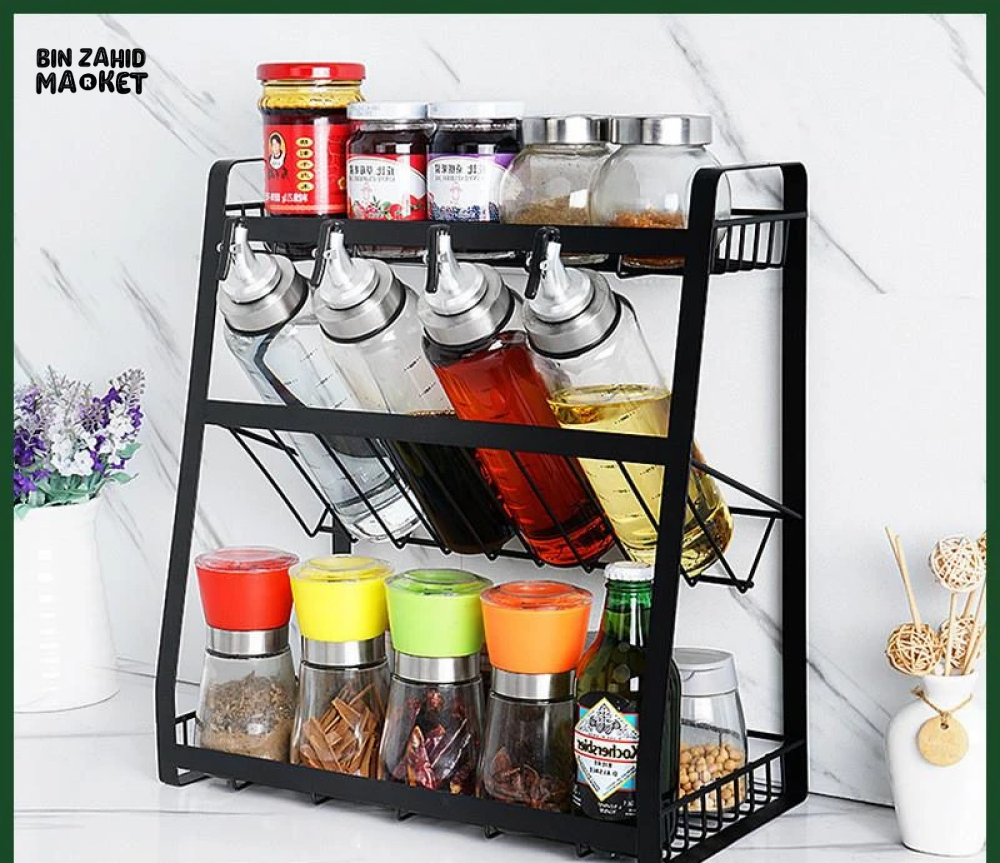 3 TIER SPICE RACK KITCHEN STORAGE SHELF METAL WITH GUARDRAIL