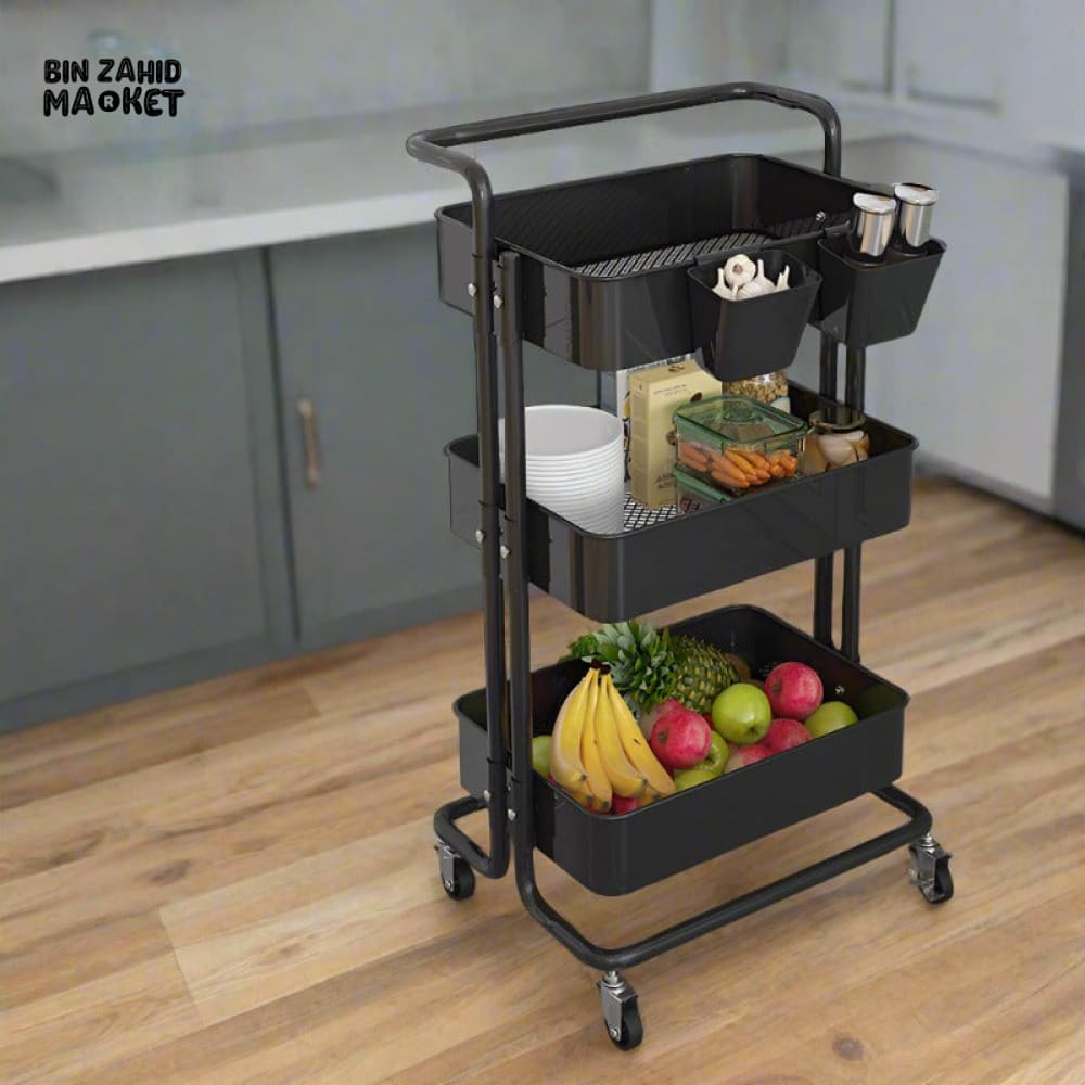 3-TIERS METAL TROLLEY CART WITH WHEELS Black