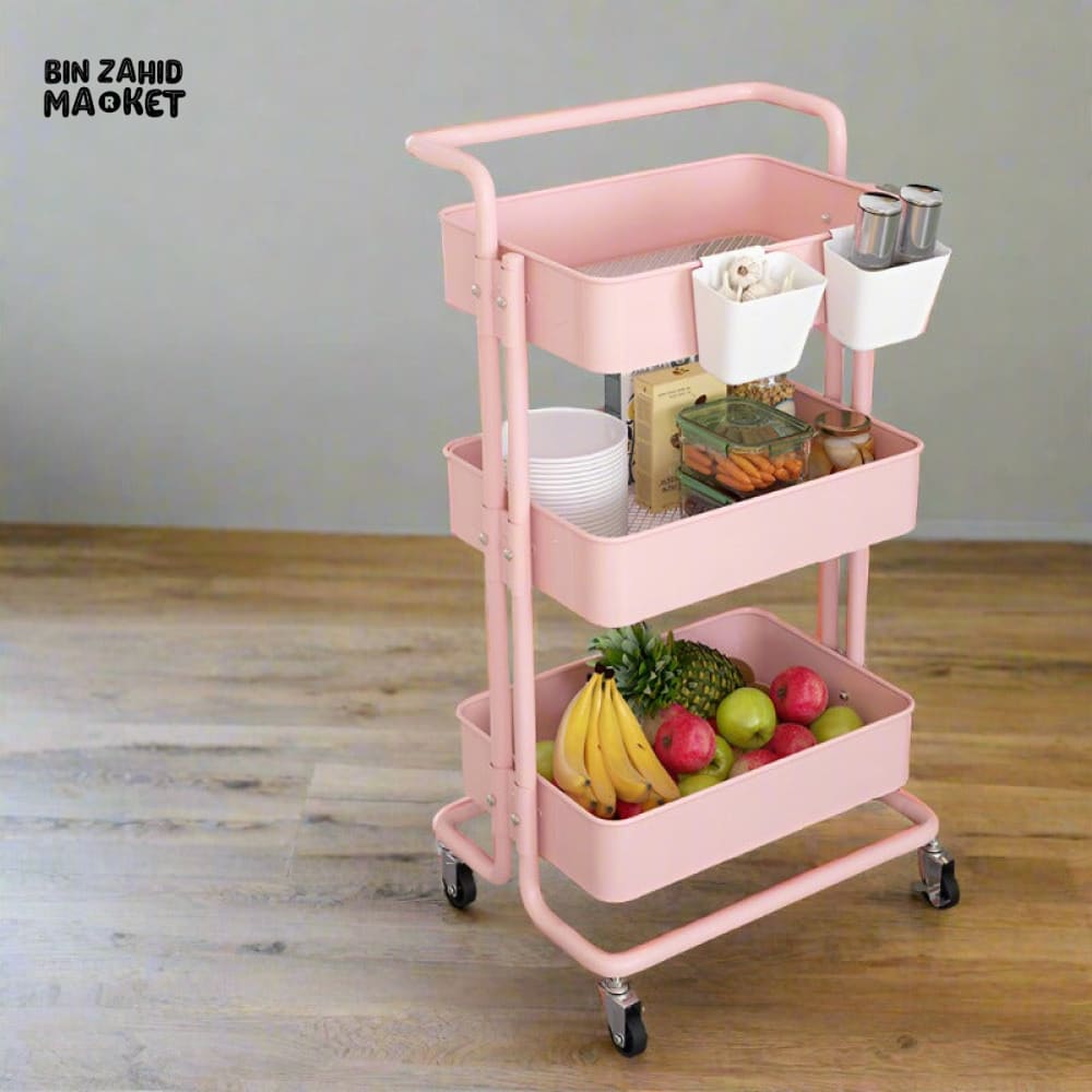 3-TIERS METAL TROLLEY CART WITH WHEELS Pink