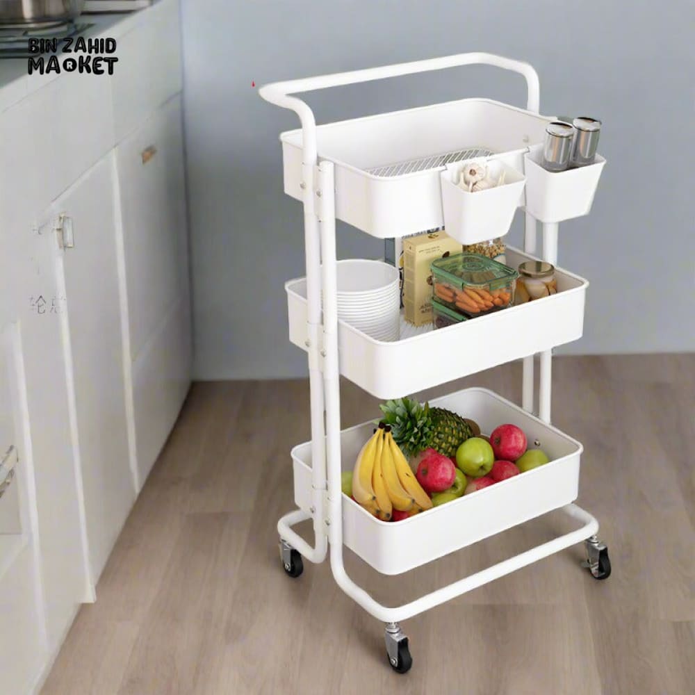 3-TIERS METAL TROLLEY CART WITH WHEELS White