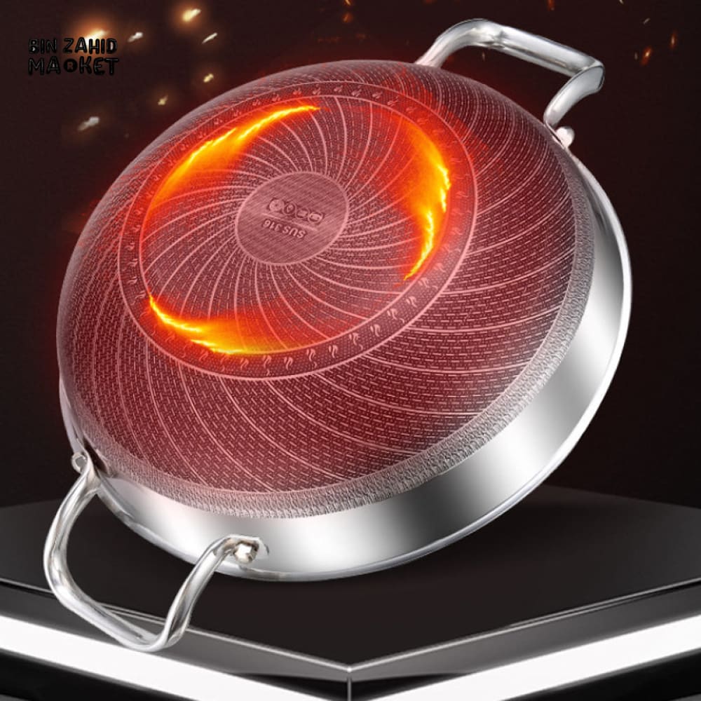 304 STAINLESS STEEL NON STICK FRYING PAN – 28CM FOOD GRADE HONEYCOMB WOK COMPATIBLE WITH GAS STOVE & GENERAL COOKING USE