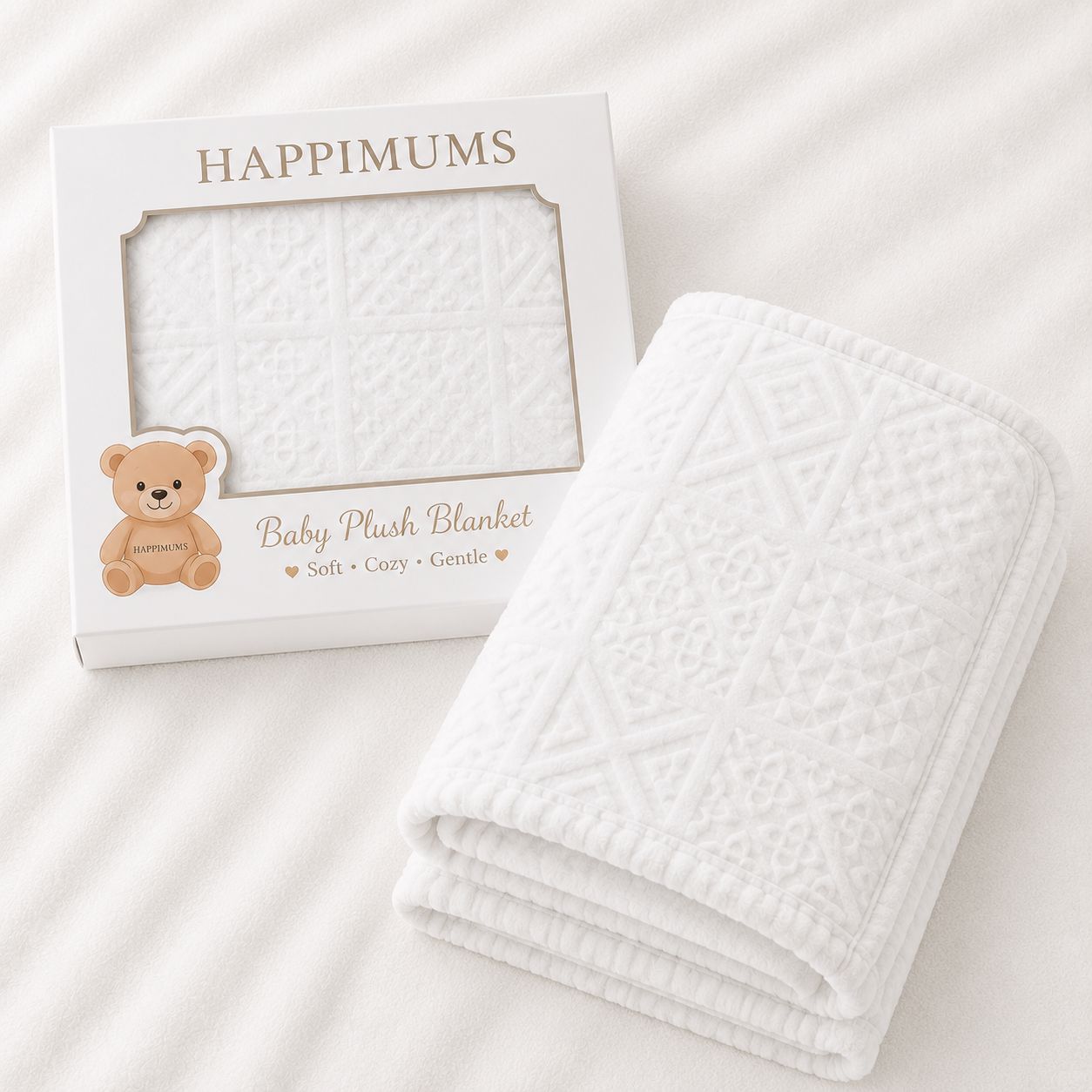 HAPPIMUMS BABY PLUSH SLEEPING BLANKET DOUBLE PLY BLUSH PATCHWORK 110 x 80 - WHITE