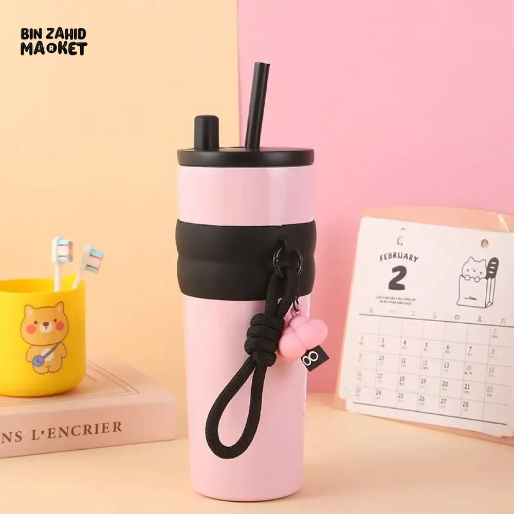 316 STAINLESS STEEL INSULATED TUMBLER – LARGE CAPACITY COFFEE CUP WITH STRAW & HAND ROPE PORTABLE FOR HOME & TRAVEL USE