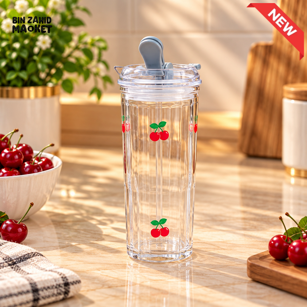 320ML 3D CHERRY GLASS SIPPER WITH LID AND STRAW - Tumblers