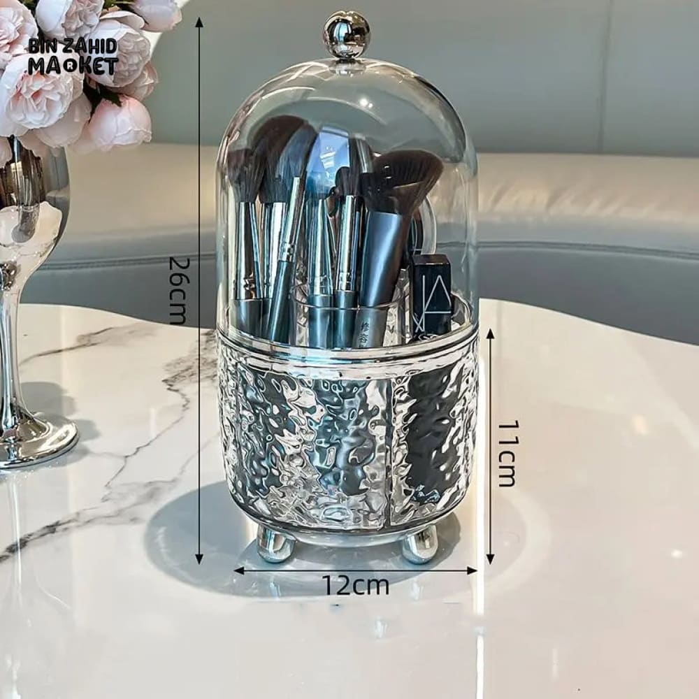 360° ROTATING DUSTPROOF MAKEUP BRUSH HOLDER – LUXURY DOME COSMETIC ORGANIZER WITH METALLIC BASE FOR VANITY & DRESSING TABLE