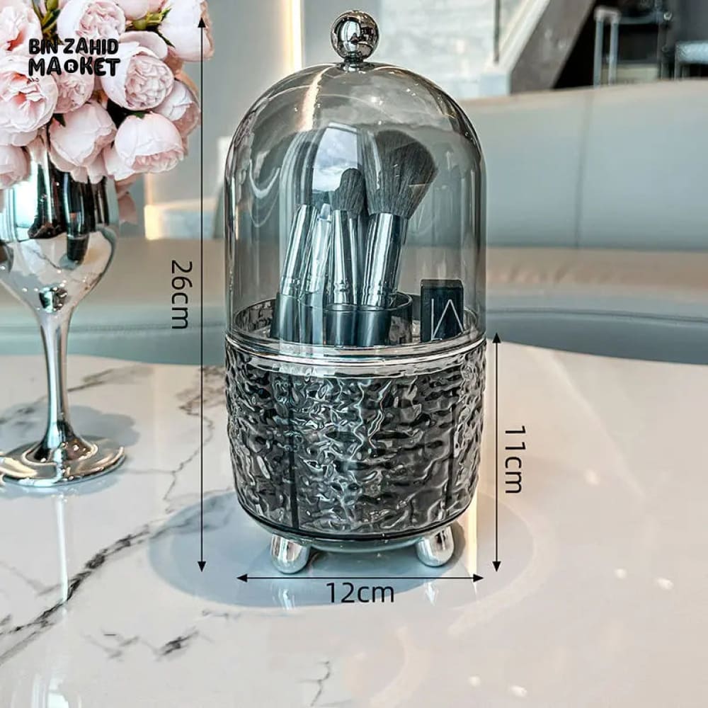 360° ROTATING DUSTPROOF MAKEUP BRUSH HOLDER – LUXURY DOME COSMETIC ORGANIZER WITH METALLIC BASE FOR VANITY & DRESSING TABLE