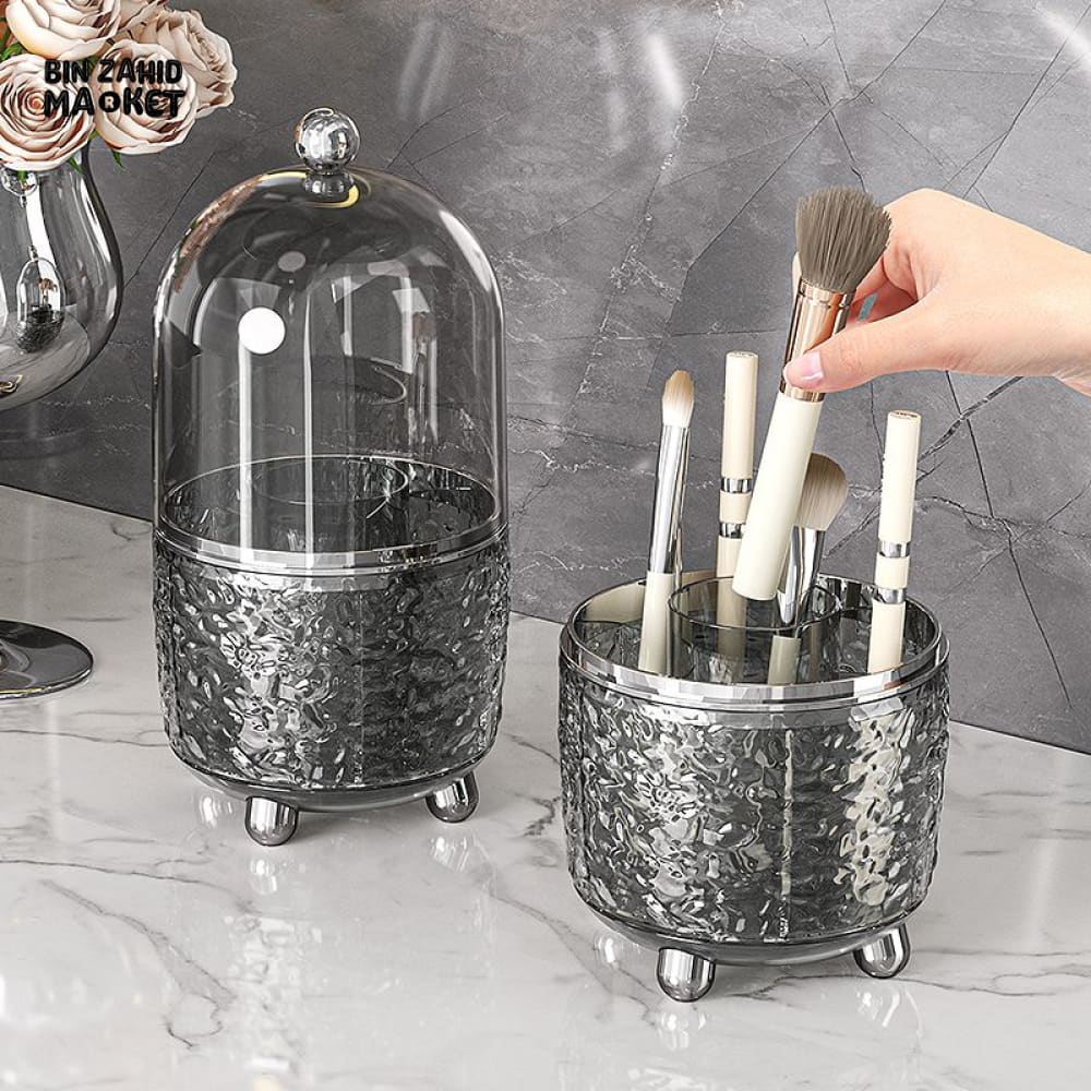 360° ROTATING DUSTPROOF MAKEUP BRUSH HOLDER – LUXURY DOME COSMETIC ORGANIZER WITH METALLIC BASE FOR VANITY & DRESSING TABLE