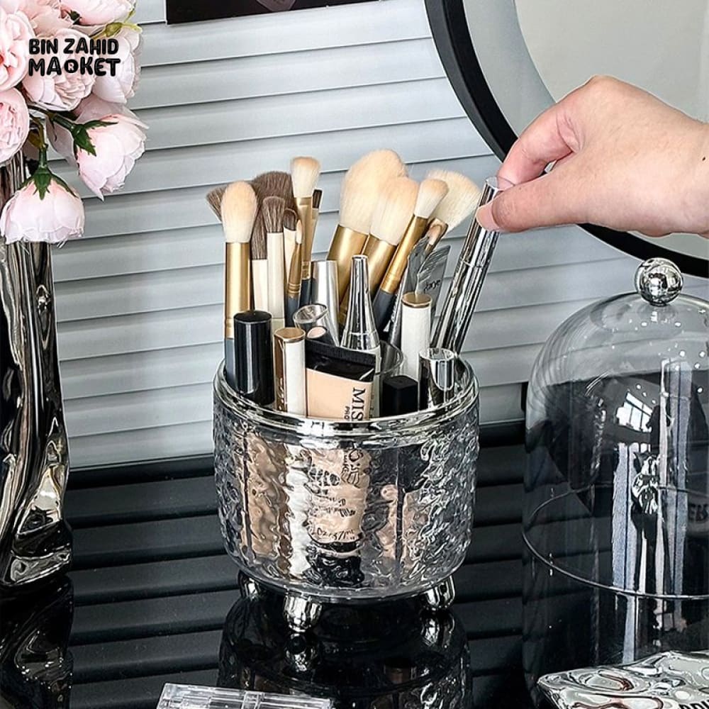 360° ROTATING DUSTPROOF MAKEUP BRUSH HOLDER – LUXURY DOME COSMETIC ORGANIZER WITH METALLIC BASE FOR VANITY & DRESSING TABLE