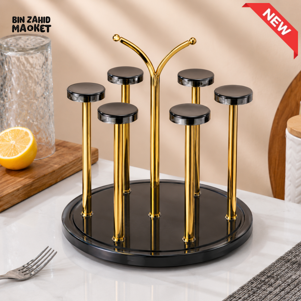 360° ROTATING GOLD METAL CUP HOLDER STAND WITH BLACK BASE