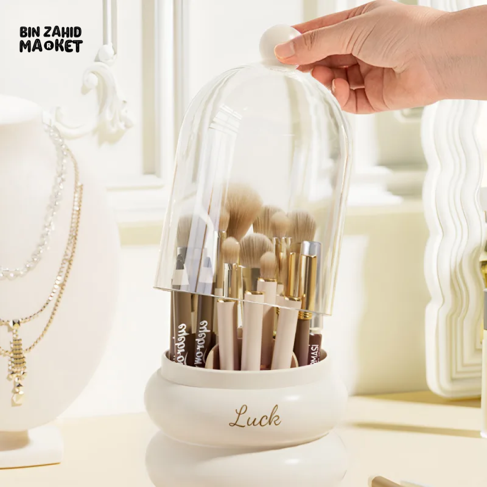 360° ROTATING MAKEUP BRUSH HOLDER WITH LID & LIPSTICK ORGANIZER