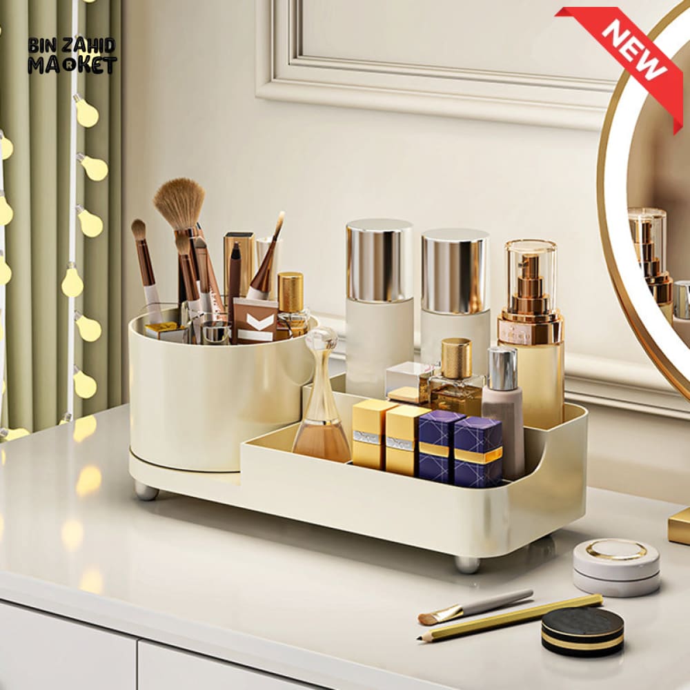 360° ROTATING MAKEUP ORGANIZER – LARGE CAPACITY VANITY STORAGE BOX WITH BRUSH HOLDER FOR BATHROOM COUNTERTOP & DESK