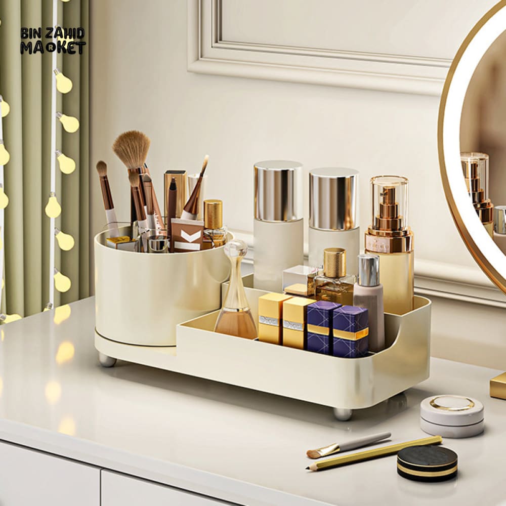 360° ROTATING MAKEUP ORGANIZER – LARGE CAPACITY VANITY STORAGE BOX WITH BRUSH HOLDER FOR BATHROOM COUNTERTOP & DESK