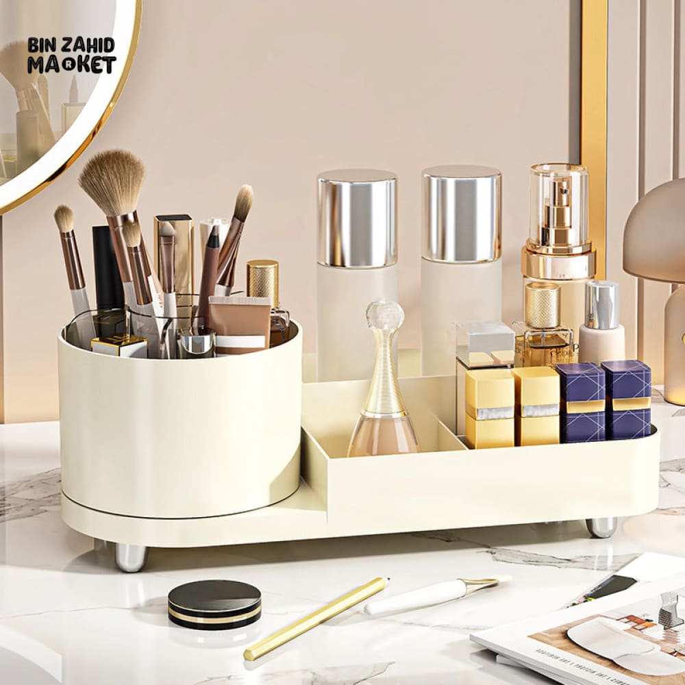 360° ROTATING MAKEUP ORGANIZER – LARGE CAPACITY VANITY STORAGE BOX WITH BRUSH HOLDER FOR BATHROOM COUNTERTOP & DESK