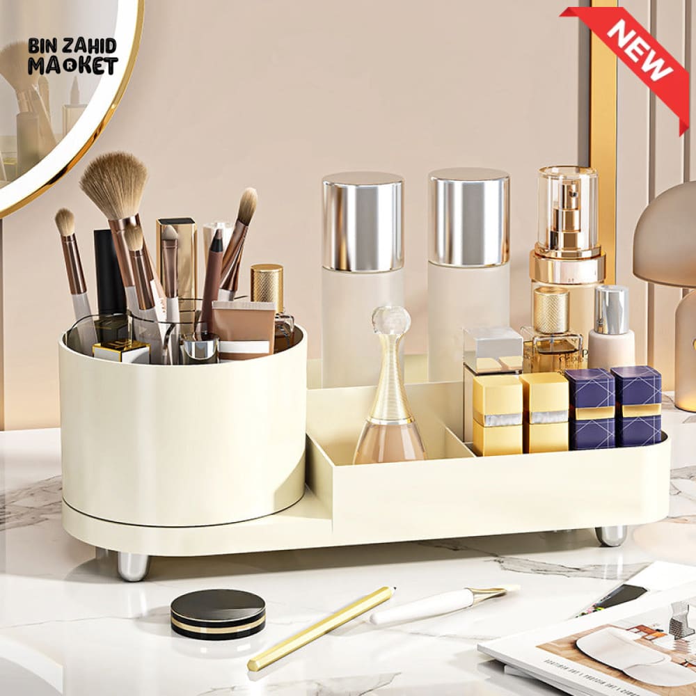 360° ROTATING MAKEUP ORGANIZER – LARGE CAPACITY VANITY STORAGE BOX WITH BRUSH HOLDER FOR BATHROOM COUNTERTOP & DESK