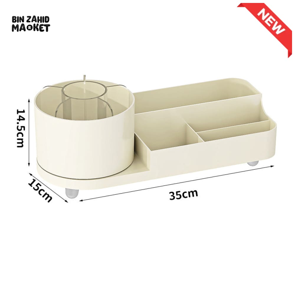 360° ROTATING MAKEUP ORGANIZER – LARGE CAPACITY VANITY STORAGE BOX WITH BRUSH HOLDER FOR BATHROOM COUNTERTOP & DESK