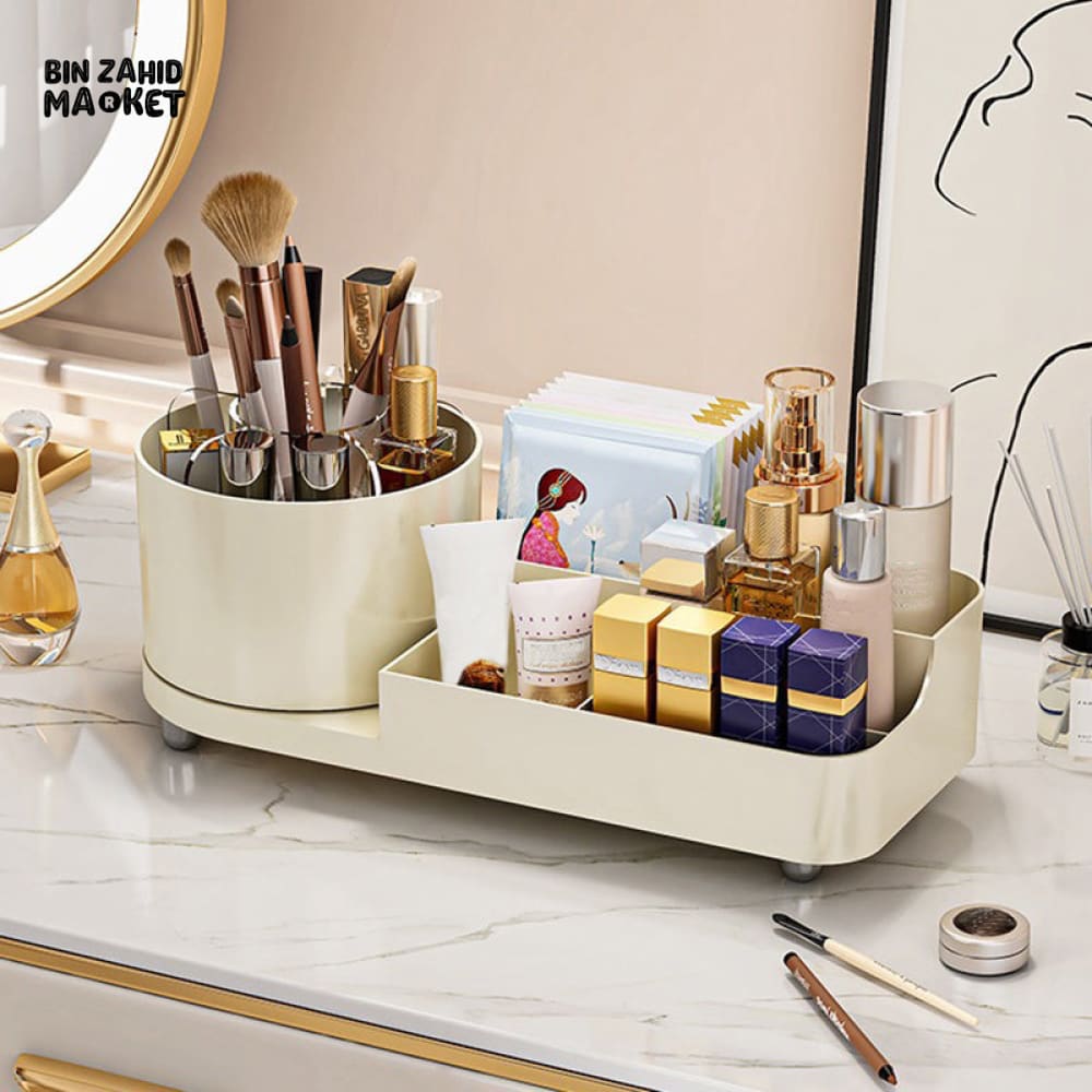 360° ROTATING MAKEUP ORGANIZER – LARGE CAPACITY VANITY STORAGE BOX WITH BRUSH HOLDER FOR BATHROOM COUNTERTOP & DESK