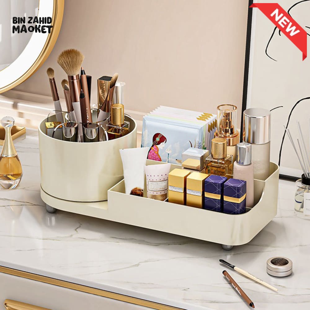 360° ROTATING MAKEUP ORGANIZER – LARGE CAPACITY VANITY STORAGE BOX WITH BRUSH HOLDER FOR BATHROOM COUNTERTOP & DESK