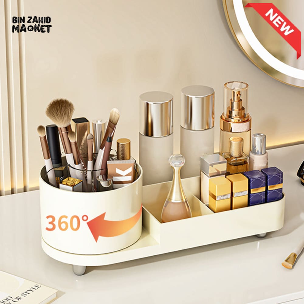 360° ROTATING MAKEUP ORGANIZER – LARGE CAPACITY VANITY STORAGE BOX WITH BRUSH HOLDER FOR BATHROOM COUNTERTOP & DESK