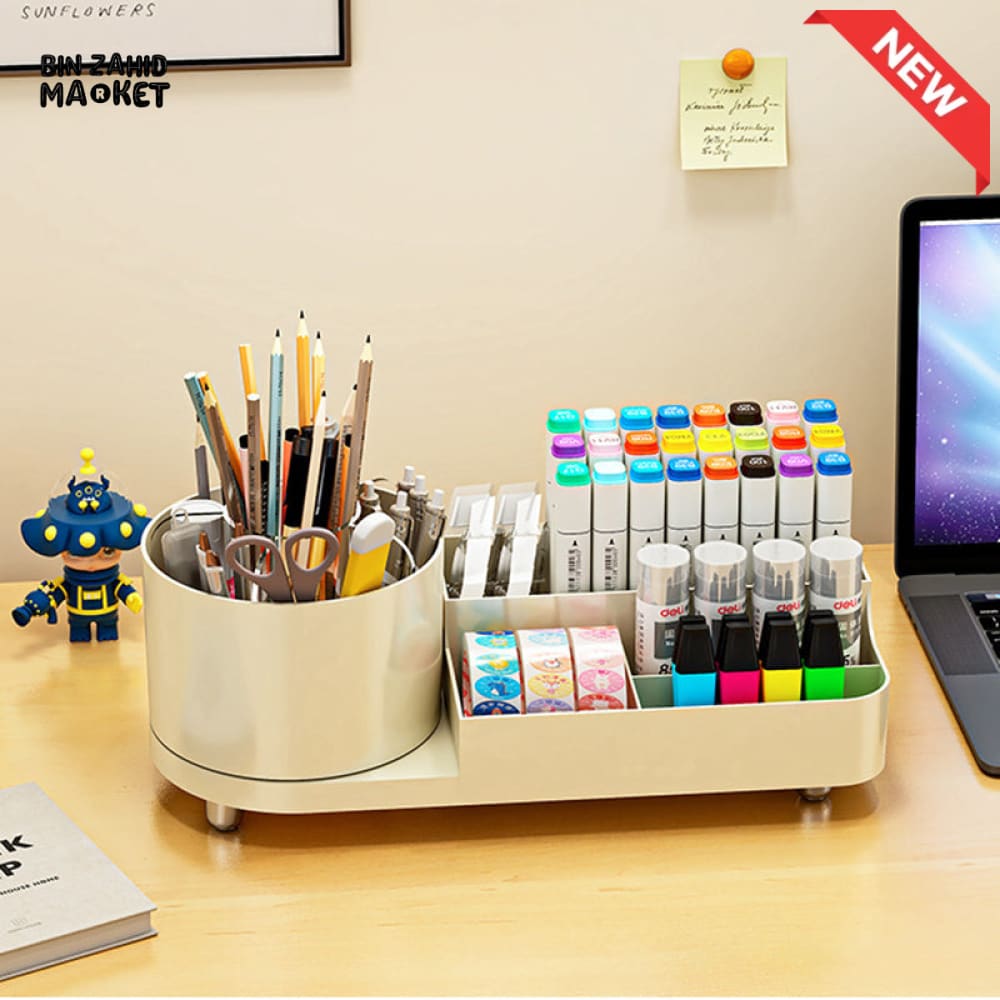 360° ROTATING MAKEUP ORGANIZER – LARGE CAPACITY VANITY STORAGE BOX WITH BRUSH HOLDER FOR BATHROOM COUNTERTOP & DESK