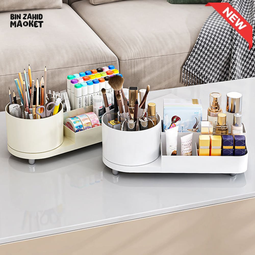 360° ROTATING MAKEUP ORGANIZER – LARGE CAPACITY VANITY STORAGE BOX WITH BRUSH HOLDER FOR BATHROOM COUNTERTOP & DESK