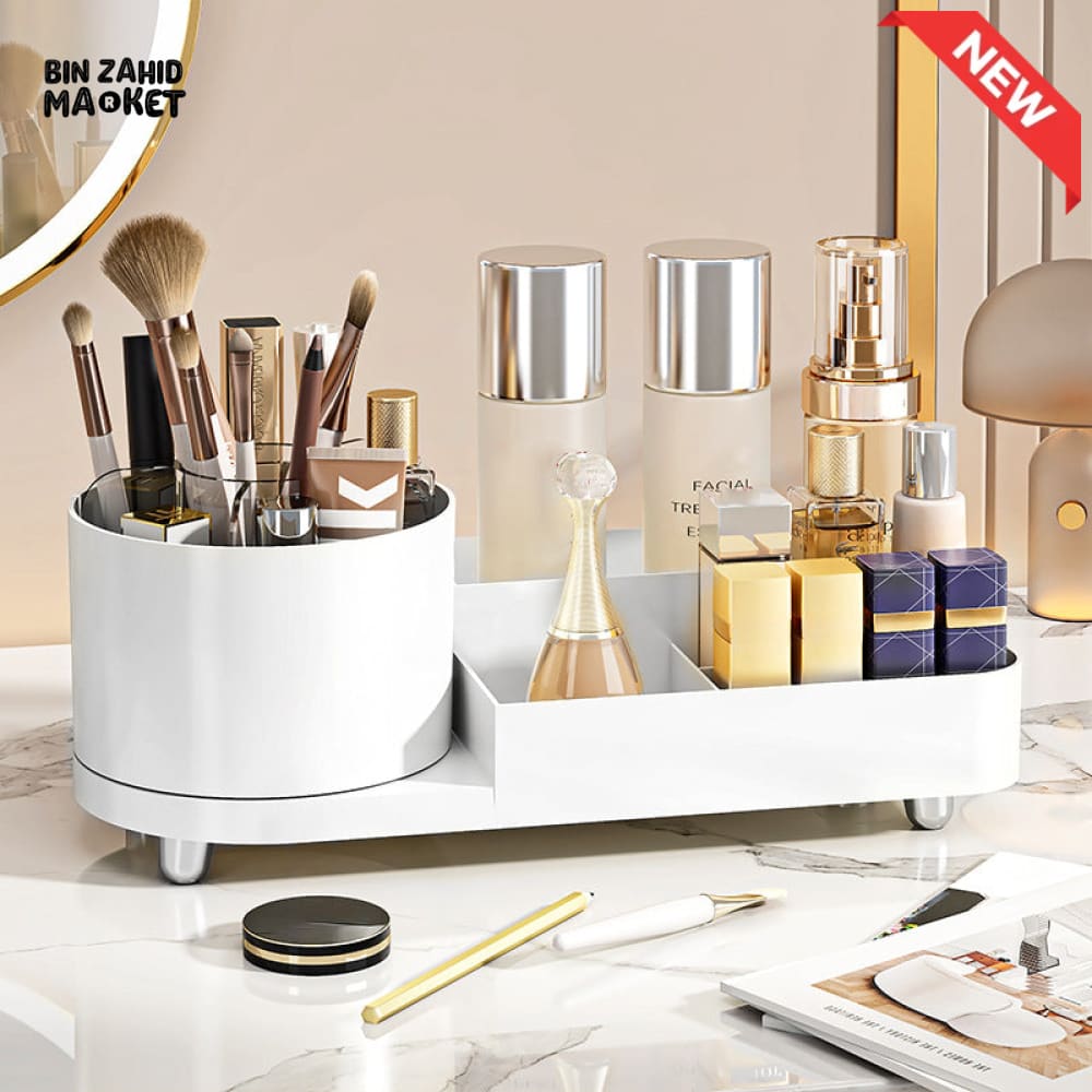 360° ROTATING MAKEUP ORGANIZER – LARGE CAPACITY VANITY STORAGE BOX WITH BRUSH HOLDER FOR BATHROOM COUNTERTOP & DESK
