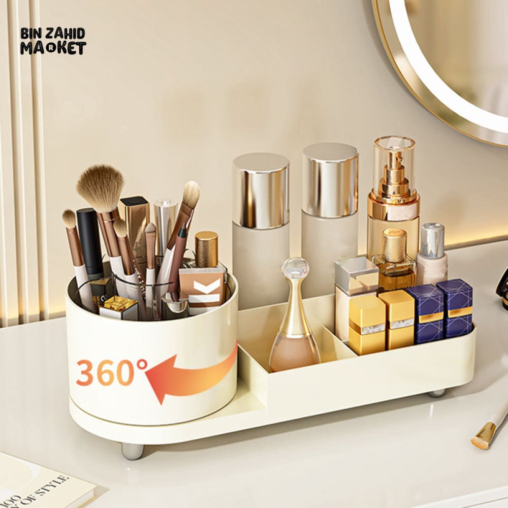 360° ROTATING MAKEUP ORGANIZER – LARGE CAPACITY VANITY STORAGE BOX WITH BRUSH HOLDER FOR BATHROOM COUNTERTOP & DESK