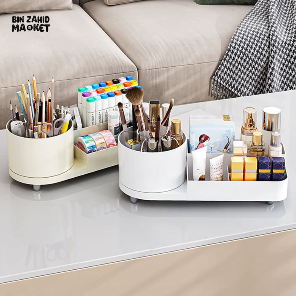 360° ROTATING MAKEUP ORGANIZER – LARGE CAPACITY VANITY STORAGE BOX WITH BRUSH HOLDER FOR BATHROOM COUNTERTOP & DESK