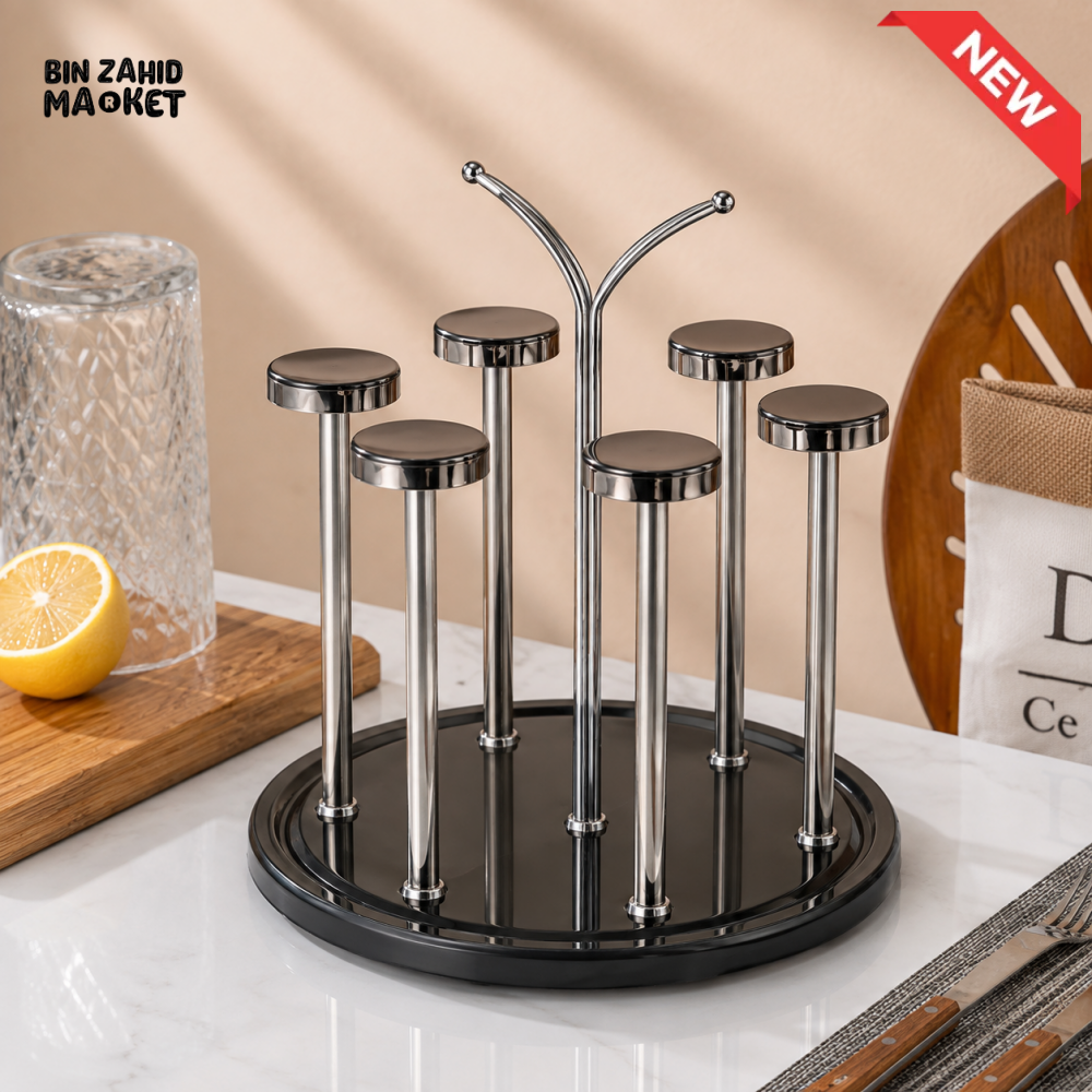 360° ROTATING SILVER METAL CUP HOLDER STAND WITH BLACK BASE