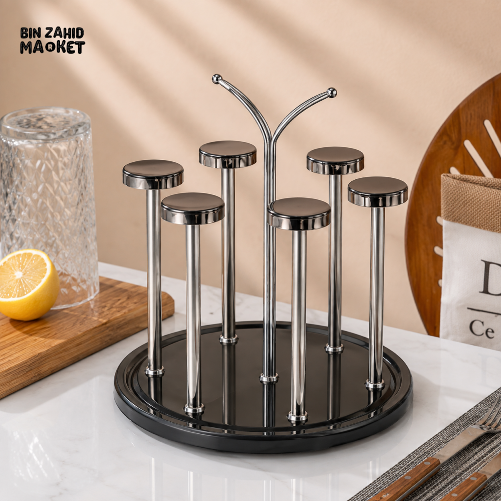 360° ROTATING SILVER METAL CUP HOLDER STAND WITH BLACK BASE