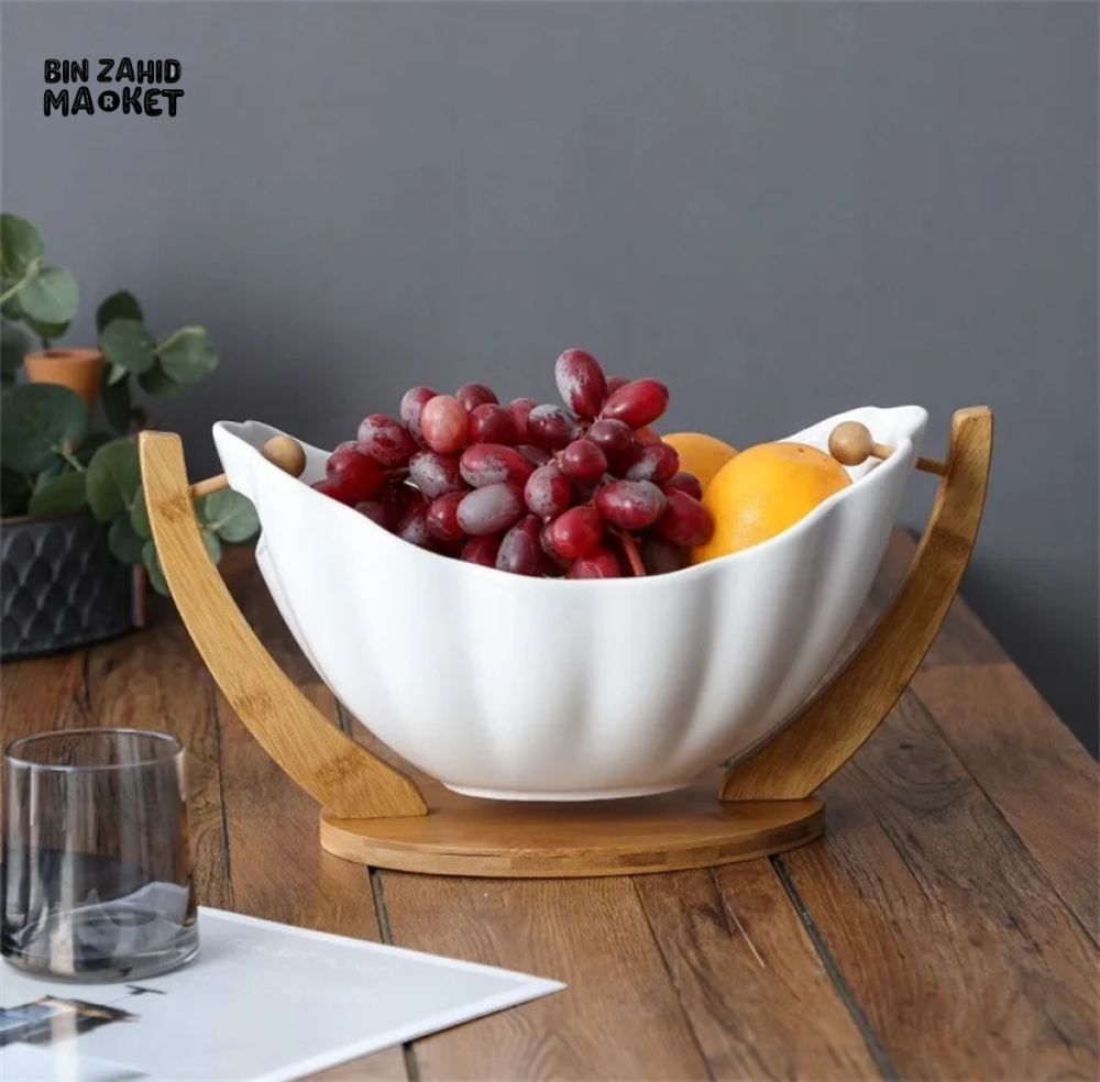 HANGING CERAMIC SALAD BOWL WITH BAMBOO STAND PORCELAIN FRUIT DESSERT TABLEWARE