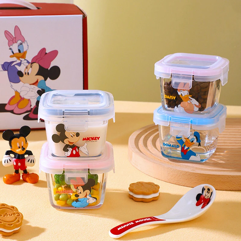 DISNEY MINNIE & MICKEY MOUSE GLASS LUNCH BOX 4 PIECES WITH LID