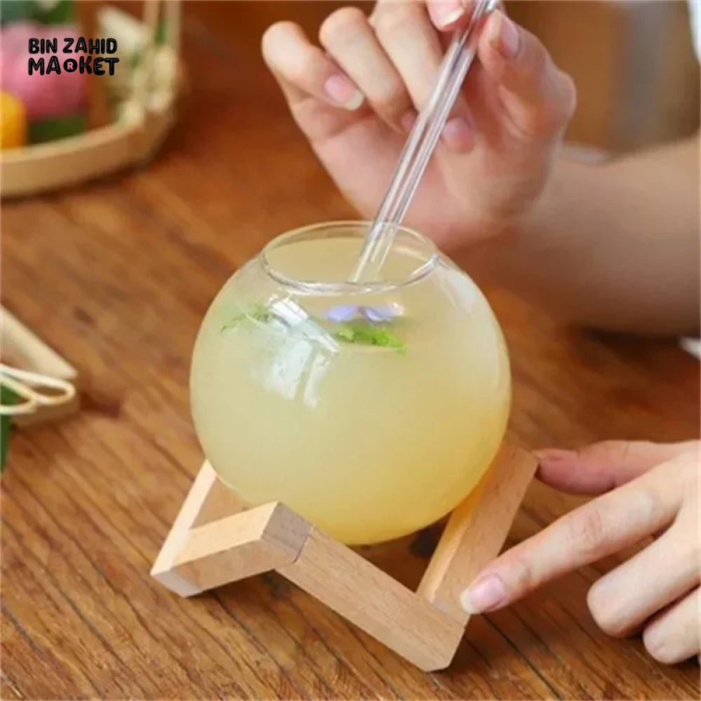 COCKTAIL GLASS CUP WITH WOOD STAND – ROUND BALL TUMBLER BAR GLASSWARE