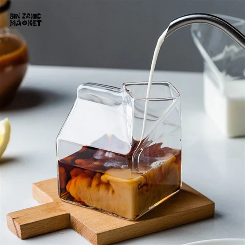 SQUARE GLASS MILK CUP – MICROWAVE-SAFE JAPANESE-STYLE KITCHEN TABLEWARE 300ML